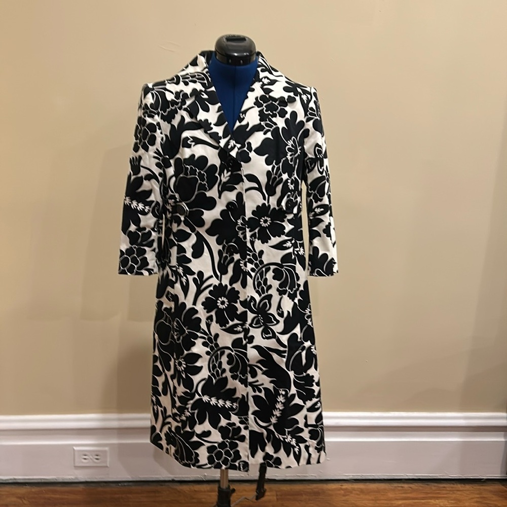 3/4 Sleeve Classic Black White Floral Trench Coat Jacket Glamour Girl